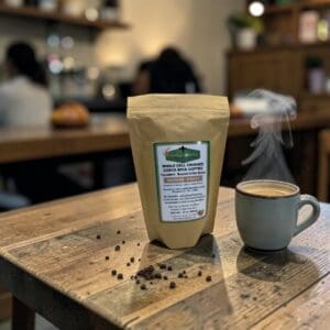Bag of Costa Rica coffee and steaming cup