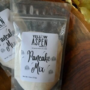 Pancake mix bag on wooden table.